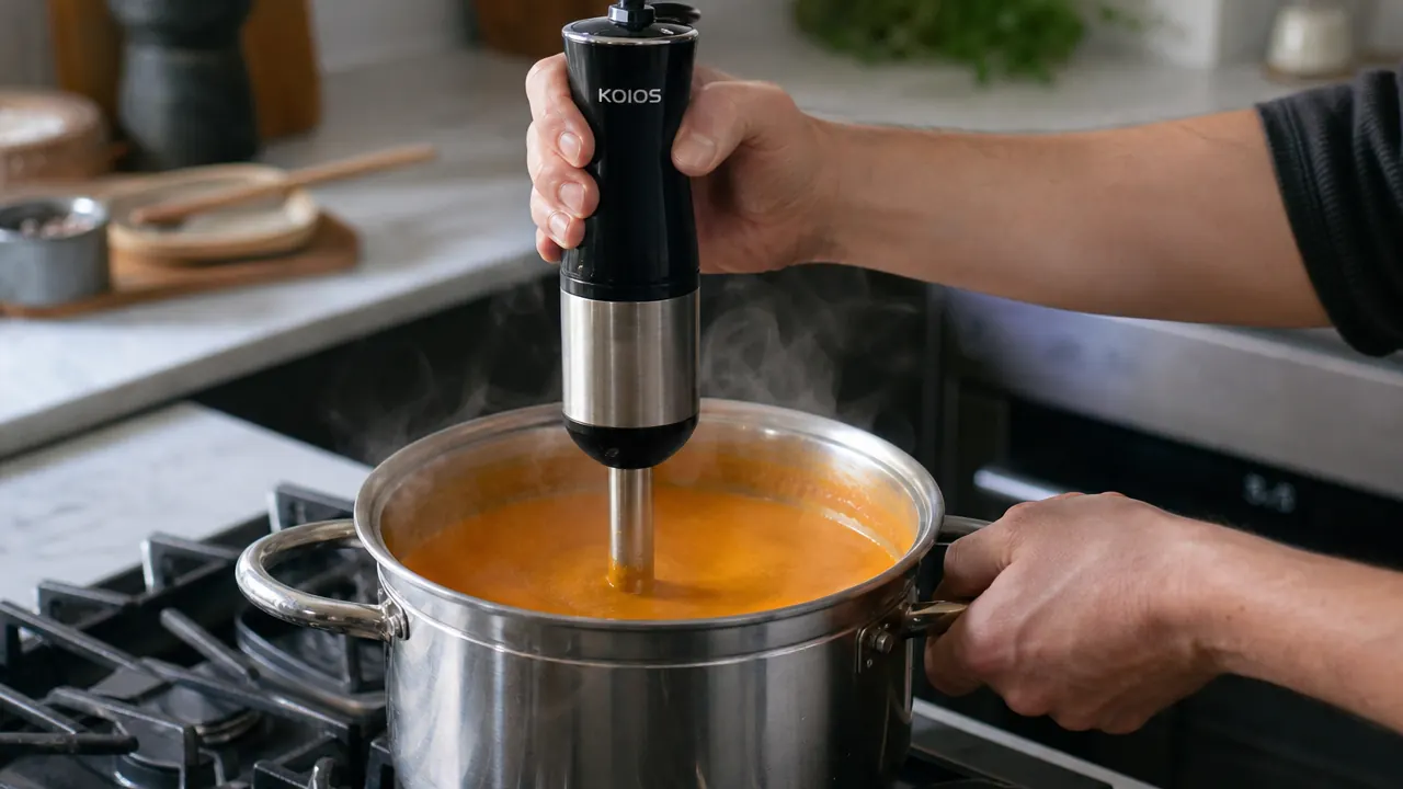 Person blending soup directly in a pot on the stovetop with an immersion blender