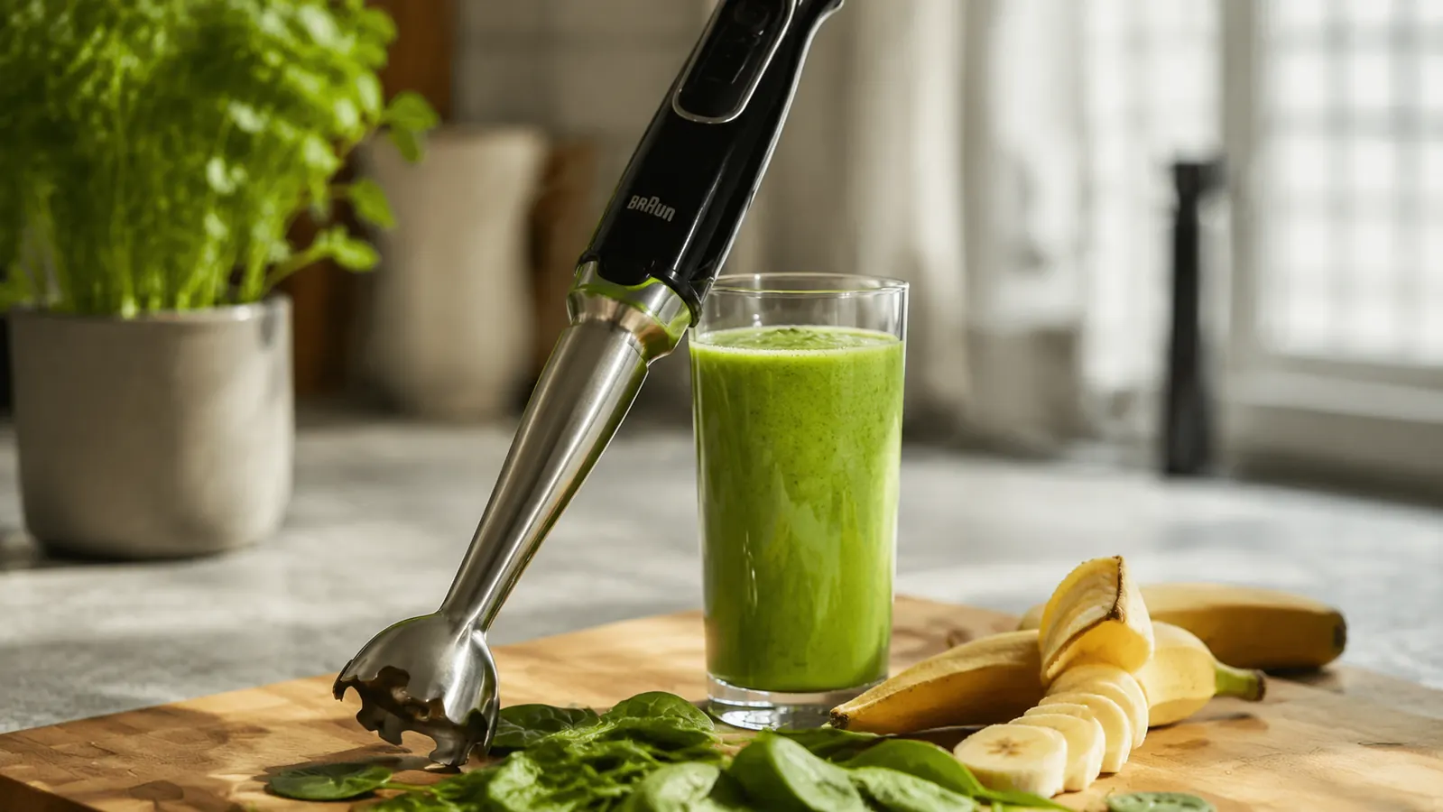 Immersion blender next to a tall glass of green smoothie on a wooden cutting board