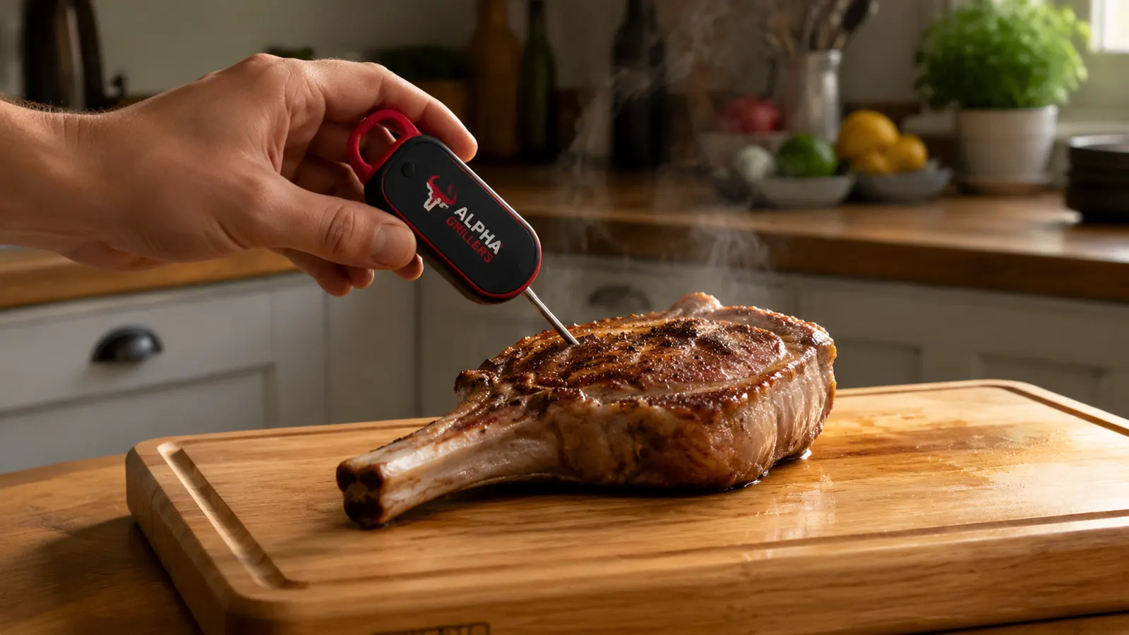 Hand inserting an instant-read thermometer probe into a thick pork chop on a wooden cutting board