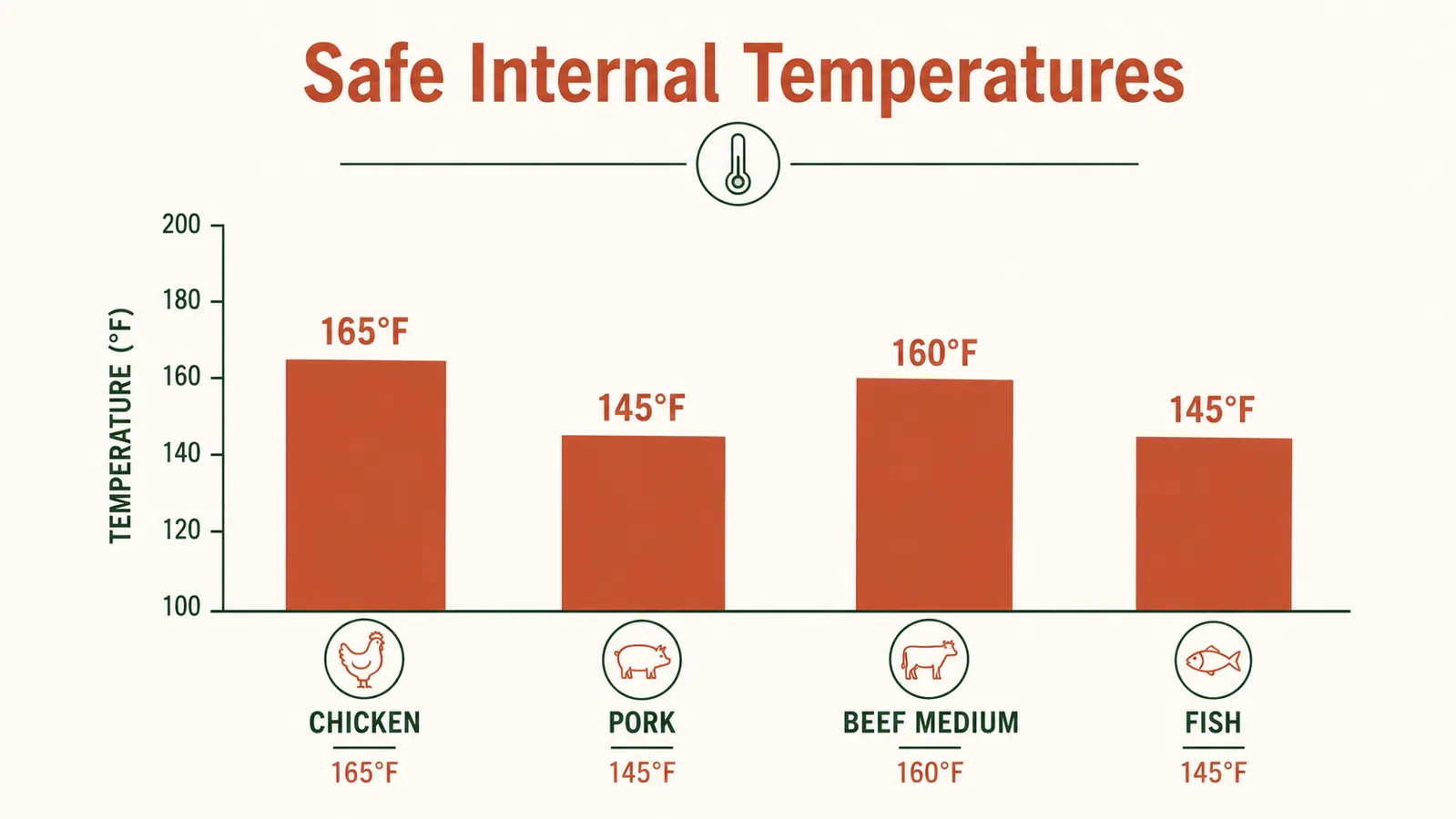Chart showing safe internal temperature targets for chicken, beef, pork, and fish side by side