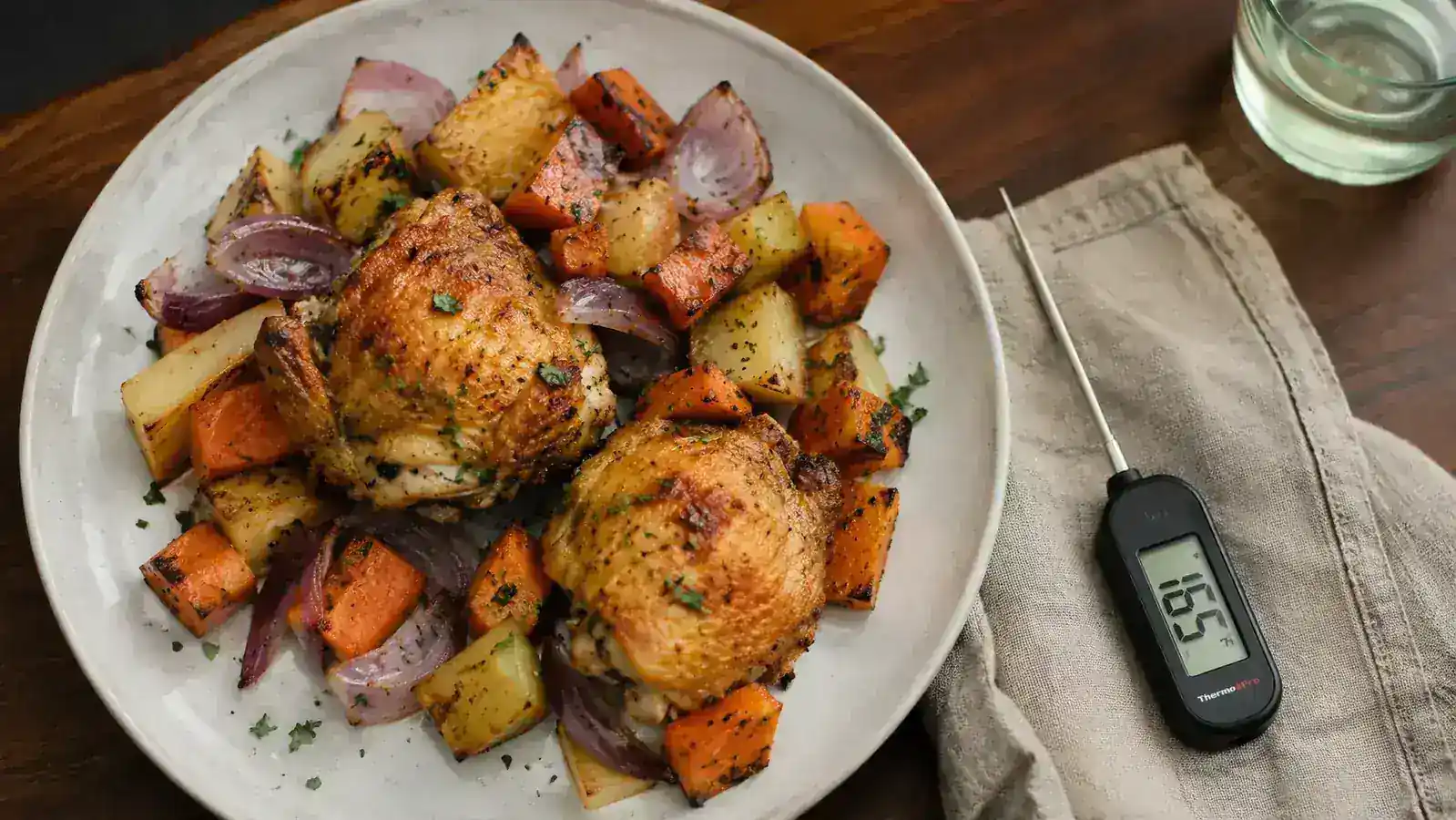 Instant-read thermometer resting on the counter next to a plated dinner of roasted chicken thighs and vegetables
