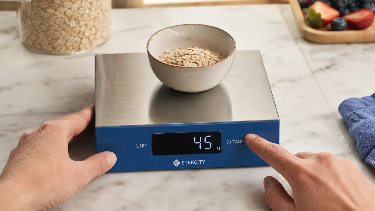 Hand placing a small white bowl on a digital kitchen scale while weighing oats for a recipe