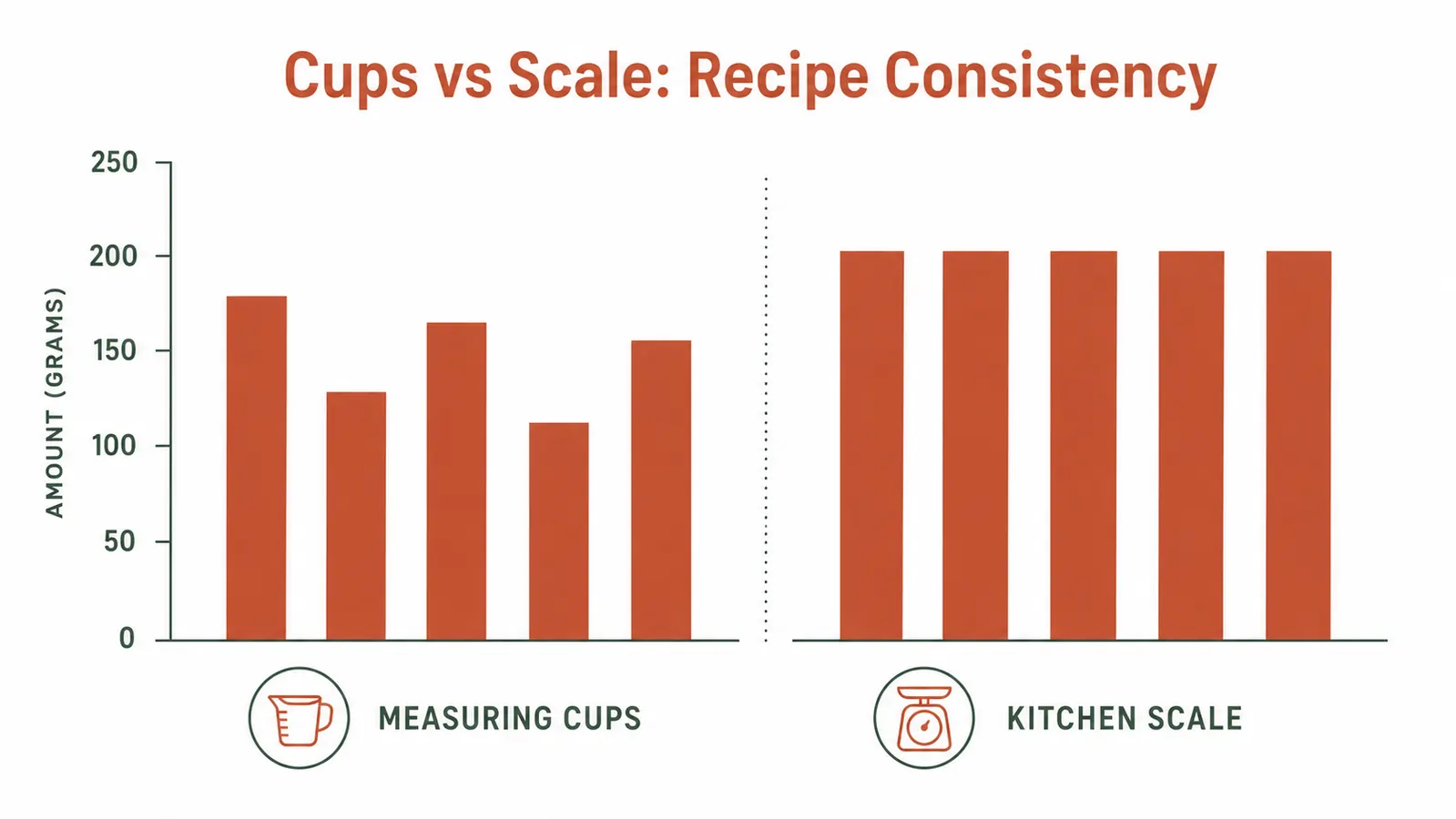 Chart comparing baking results using measuring cups versus a kitchen scale, showing consistency differences