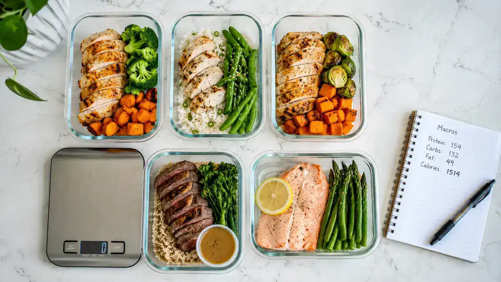 Meal prep containers lined up next to a kitchen scale with portioned food, organized and ready for the week