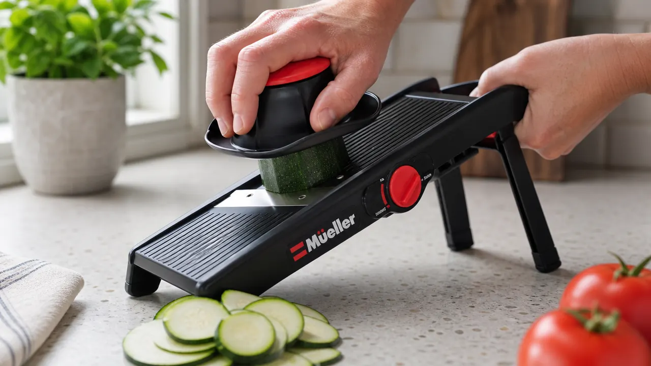 Hands using the Mueller mandoline slicer with the food safety holder to slice a zucchini into uniform rounds
