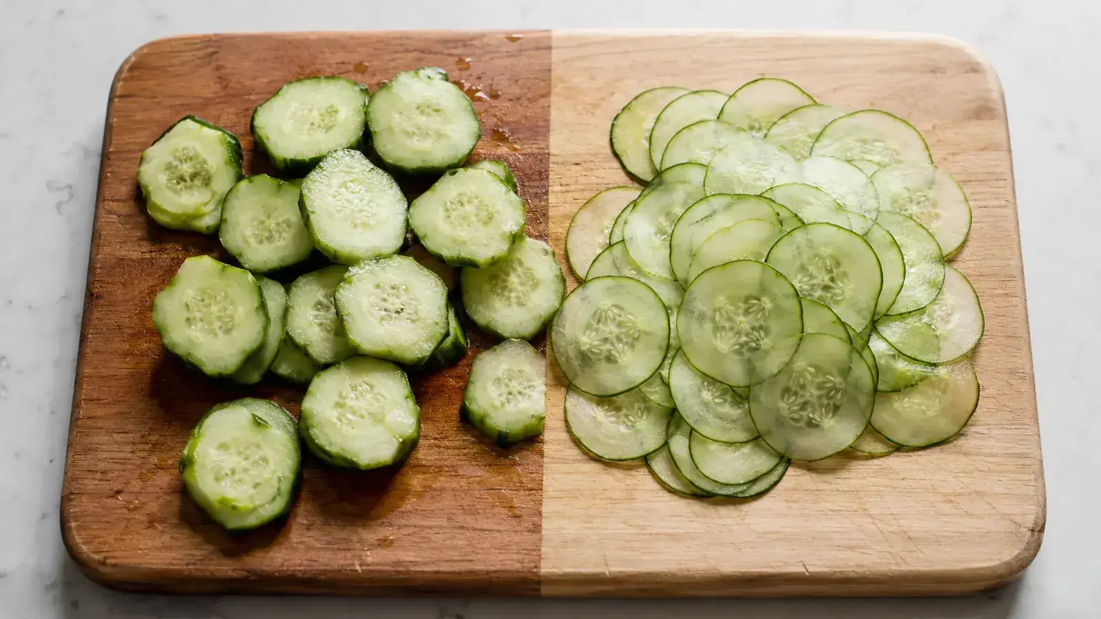 Side-by-side comparison showing irregular knife-cut slices versus perfectly uniform mandoline slices of cucumber