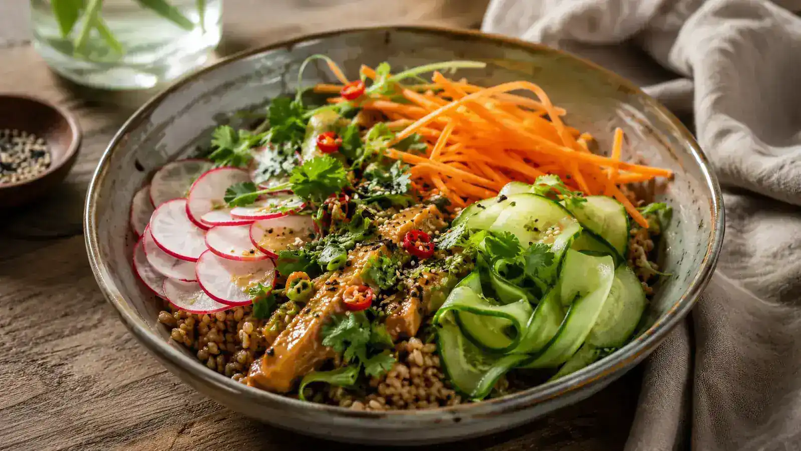 A colorful grain bowl with julienned carrots, thinly sliced radishes, and cucumber ribbons prepped with a mandoline slicer