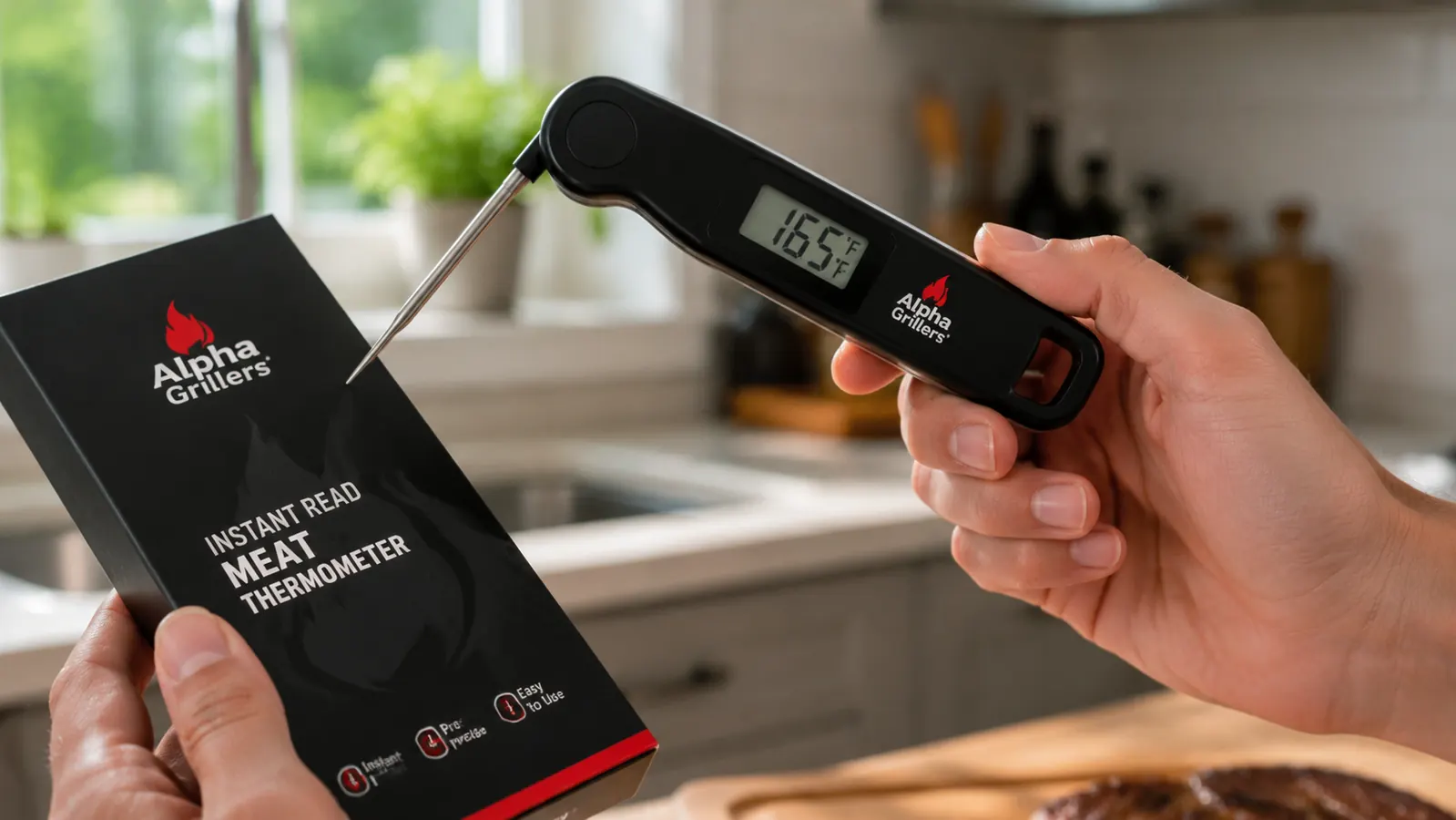 Close-up of an Alpha Grillers thermometer display reading 165 degrees Fahrenheit, probe folded out, hand holding device