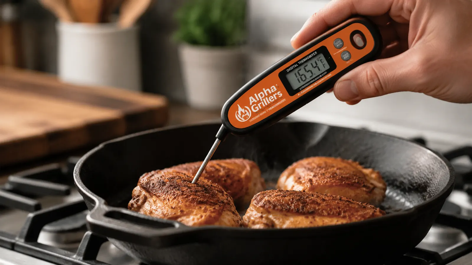 Hand inserting the Alpha Grillers thermometer probe into a thick chicken thigh in a cast iron pan