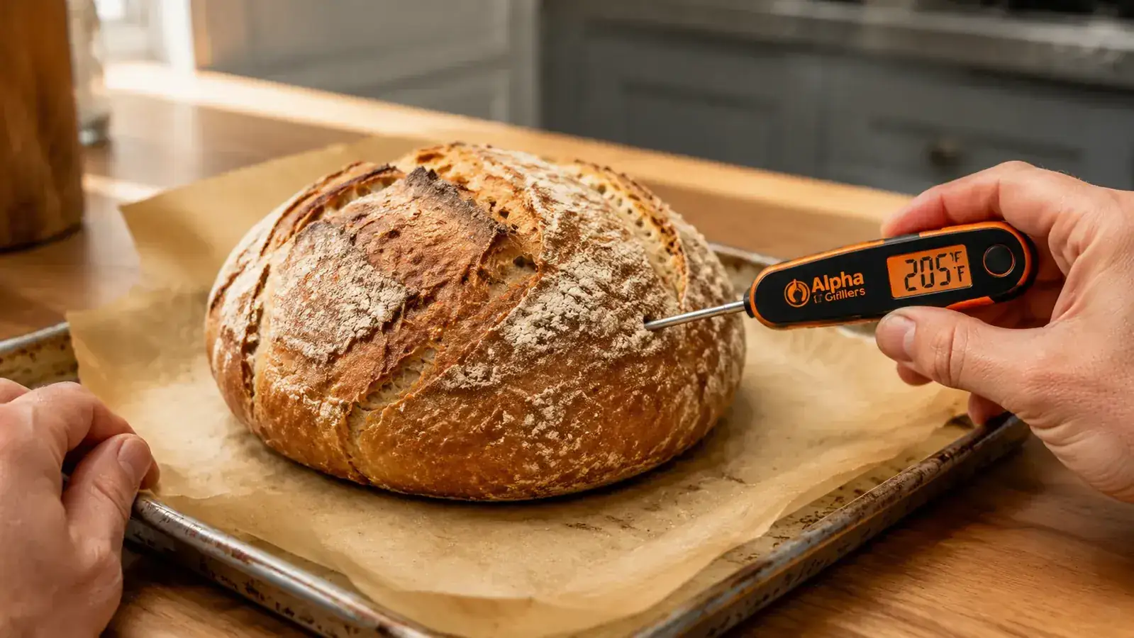 Alpha Grillers thermometer probe inserted into a sourdough loaf to check internal bread temperature