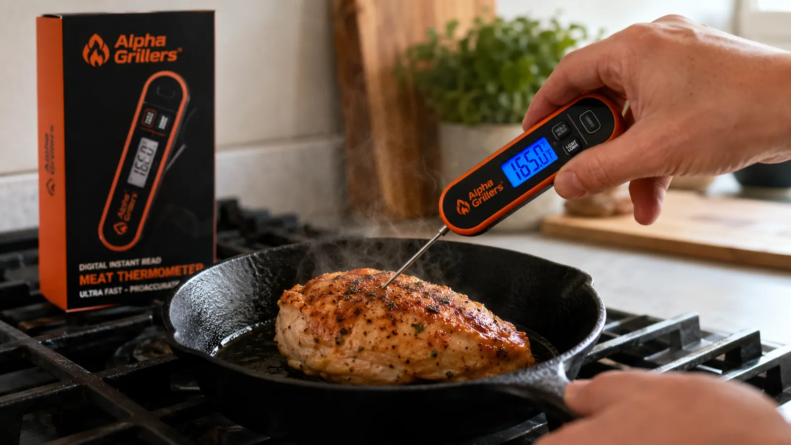 Hand inserting a digital meat thermometer probe into the thickest part of a chicken breast in a cast iron skillet
