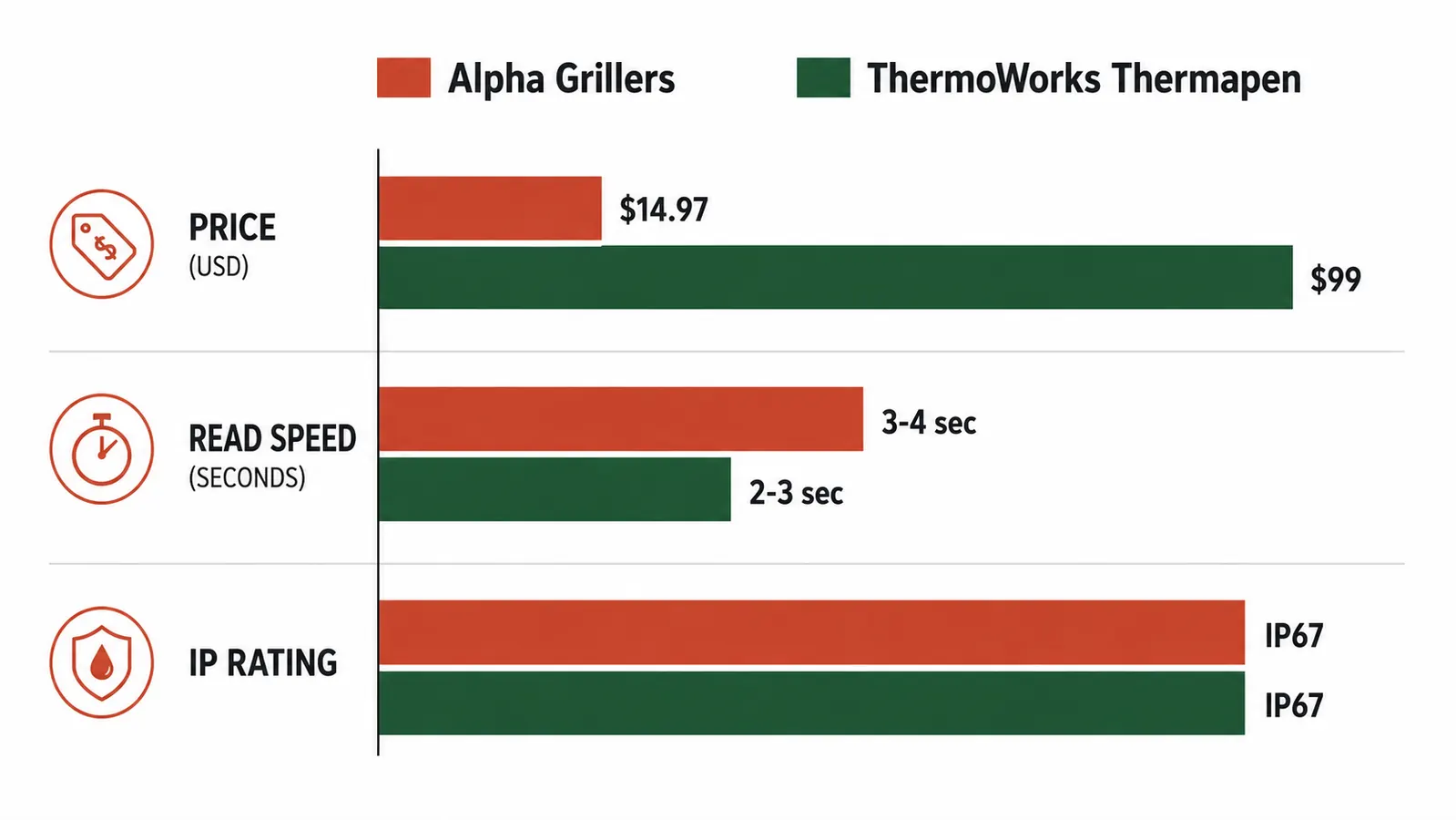 Side-by-side bar chart comparing Alpha Grillers and ThermoWorks Thermapen on price, read speed, and waterproof rating
