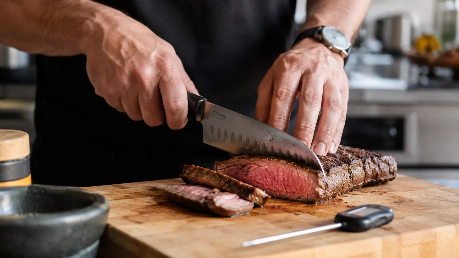 Person slicing into a perfectly cooked steak on a cutting board with a digital thermometer resting nearby