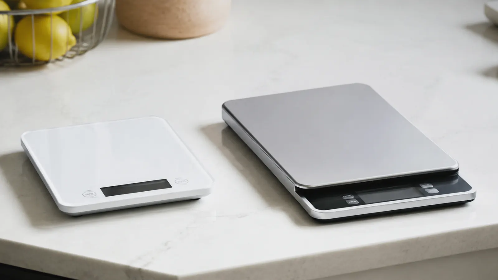 Side-by-side comparison showing the Etekcity scale next to the OXO kitchen scale on a counter