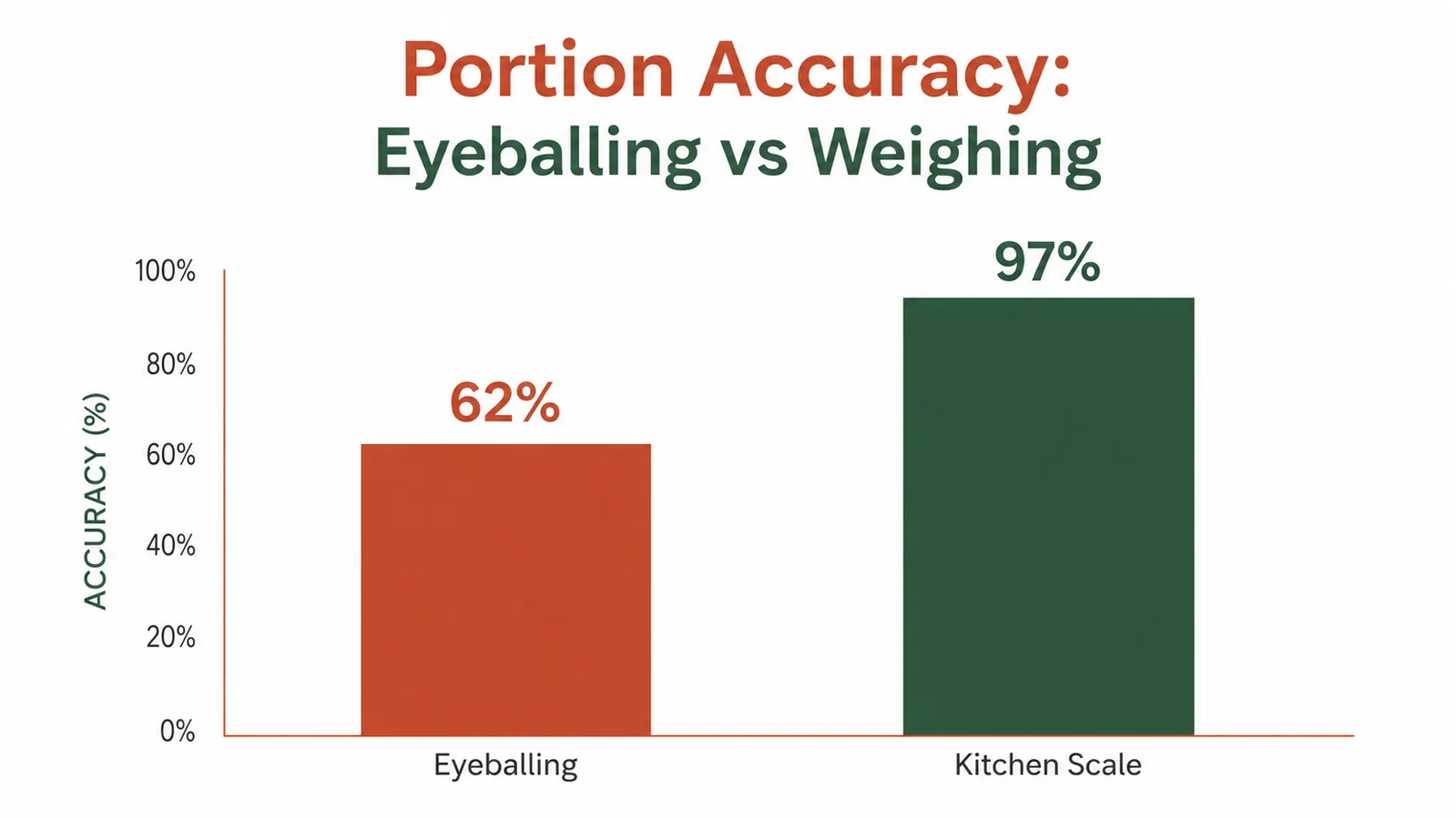 Bar chart comparing portioning accuracy of eyeballing versus using a kitchen scale over 30 days