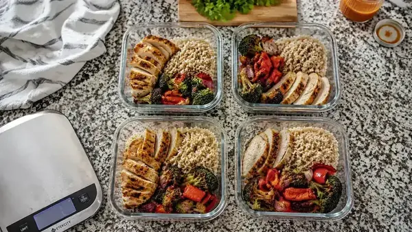 Overhead shot of a meal prep spread with weighed portions of chicken, rice, and vegetables arranged in glass containers