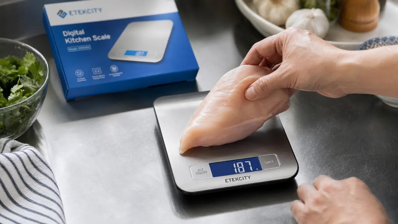 Hand placing a chicken breast on a digital kitchen scale platform showing grams on the display