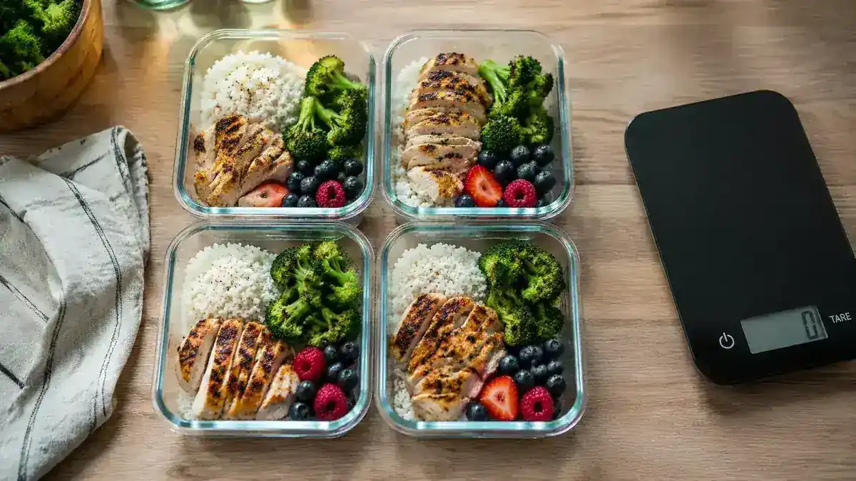 Meal prep containers with portioned food next to a digital kitchen scale on a clean countertop