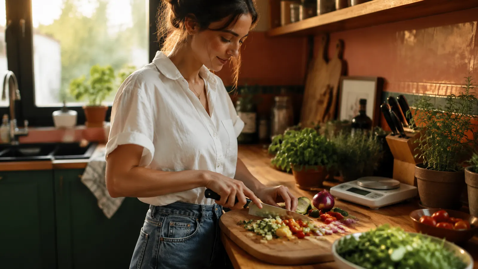 A bright home kitchen counter with fresh produce, a cutting board, and well-used kitchen gadgets in warm natural light