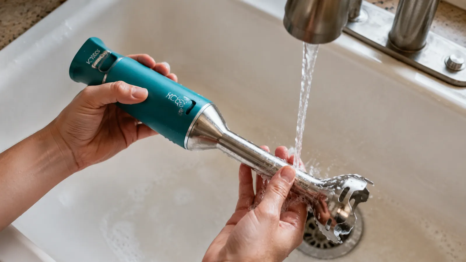 KOIOS immersion blender being rinsed under kitchen faucet, soap suds on the stainless shaft