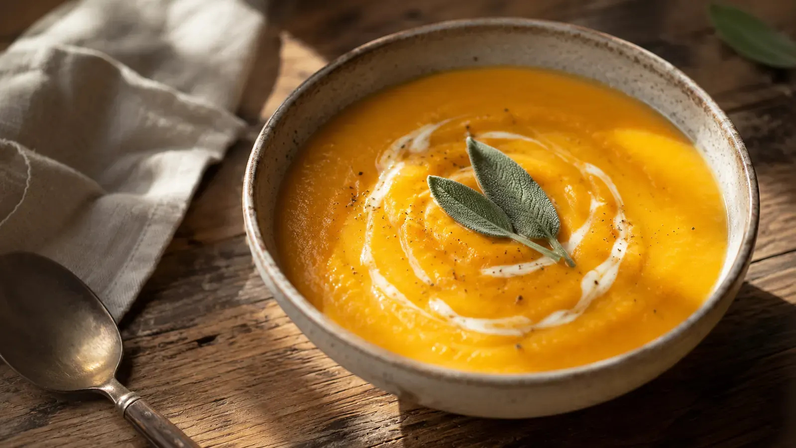 Bowl of creamy blended butternut squash soup with a swirl of cream, fresh sage leaves, rustic wooden table