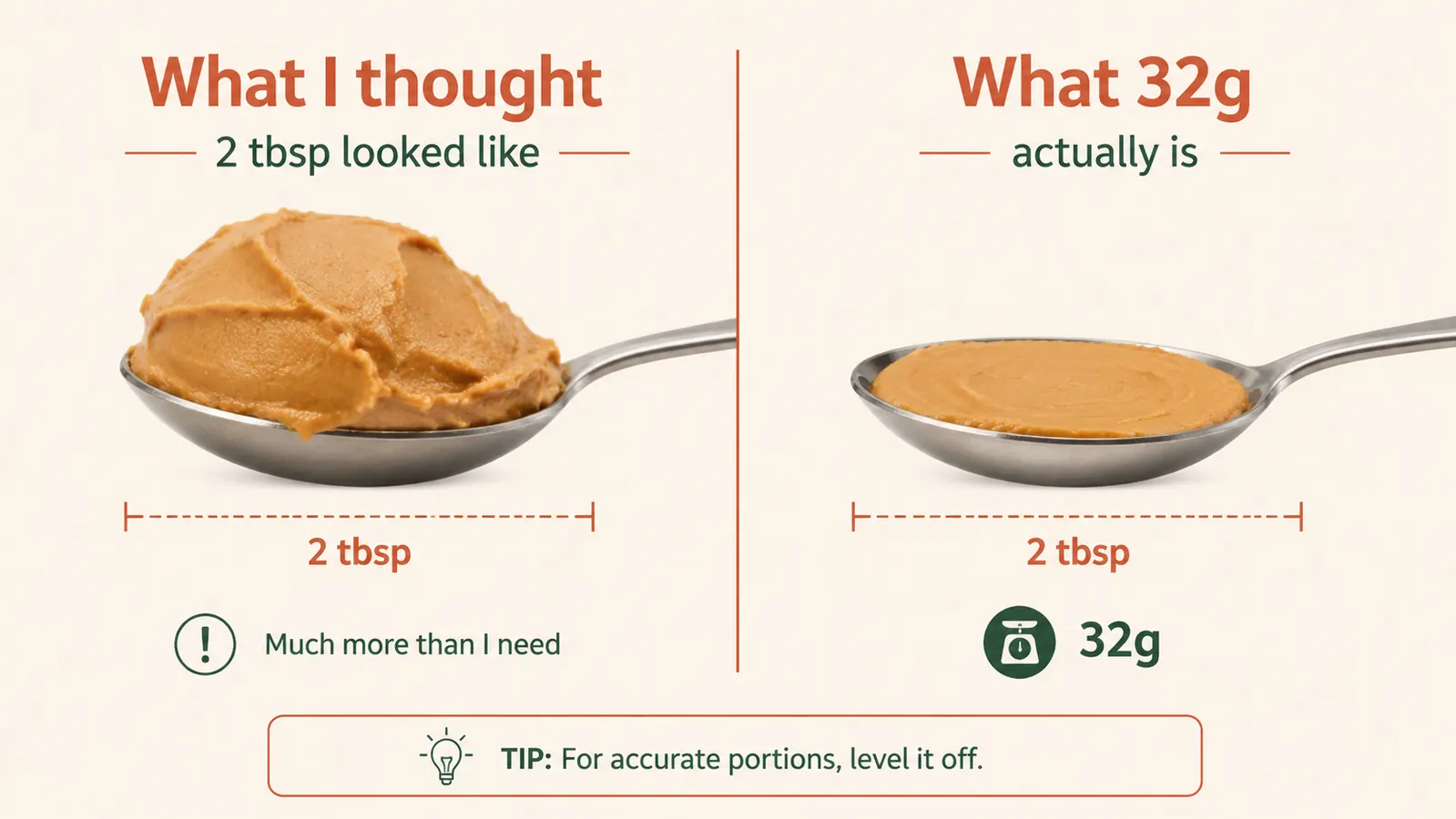 Side by side comparison of an eyeballed portion of peanut butter versus a weighed 32-gram portion on a scale