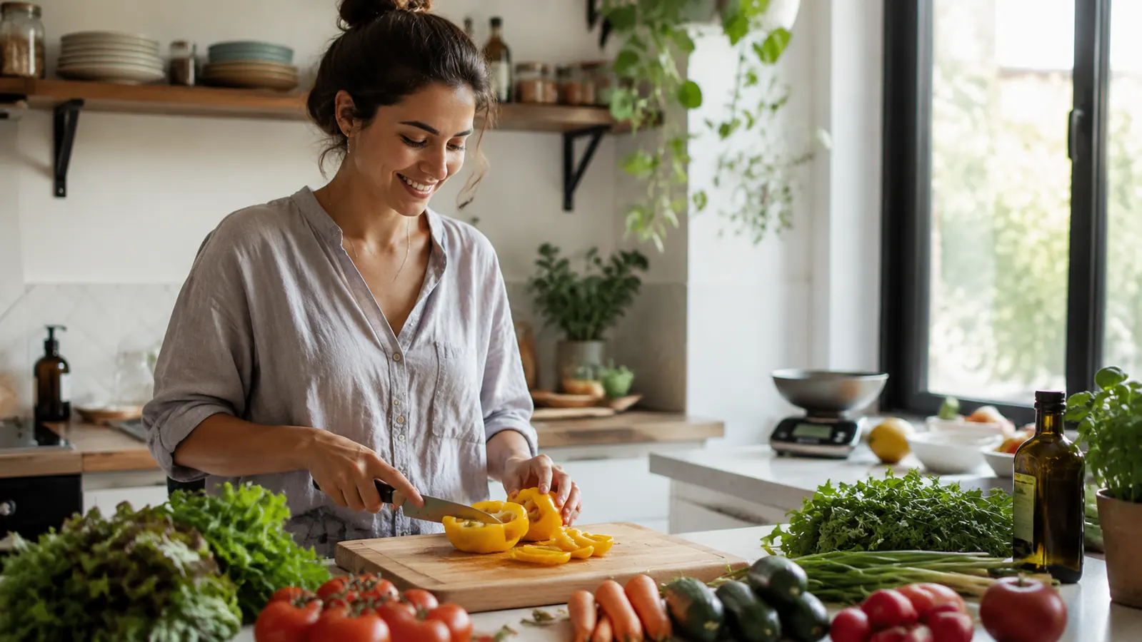 Person preparing a healthy meal at a kitchen counter with a food scale and fresh vegetables nearby