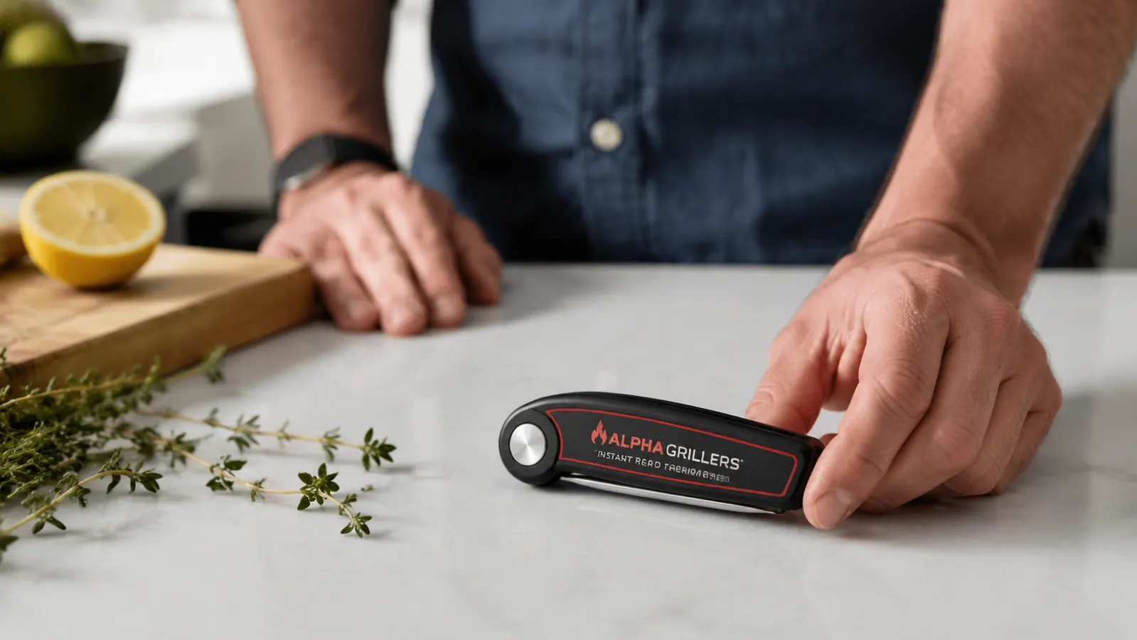 Alpha Grillers thermometer resting on a kitchen counter next to fresh herbs and a lemon