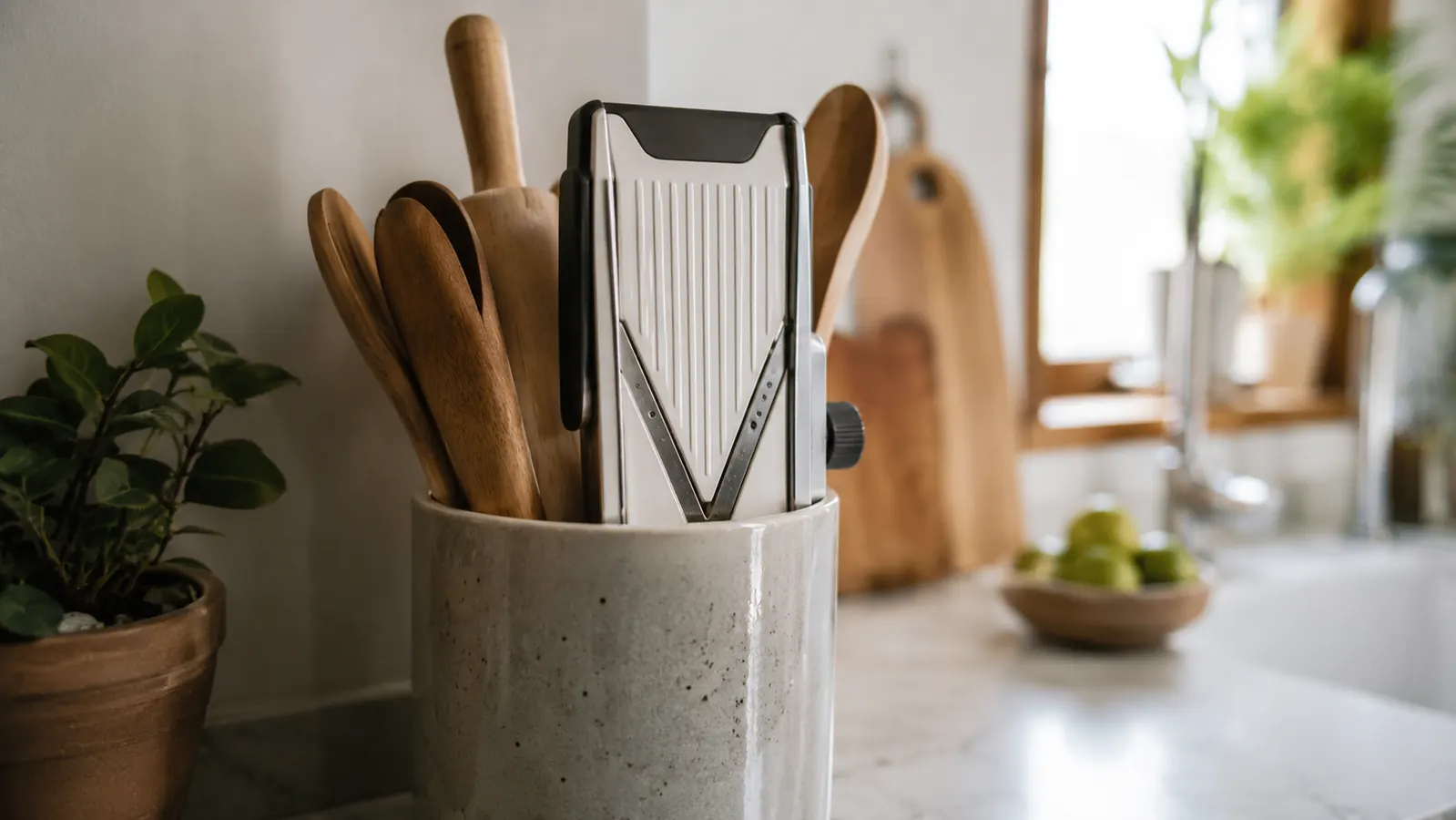 Mandoline slicer stored upright in a utensil crock on a kitchen counter next to a cutting board