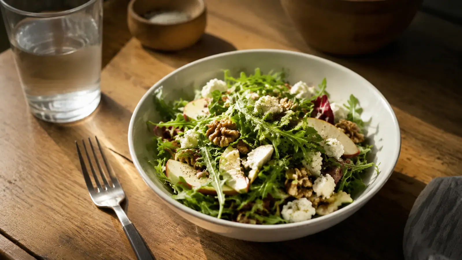 Simple bowl of salad with fresh greens, cherry tomatoes, and a light vinaigrette on a wooden kitchen table