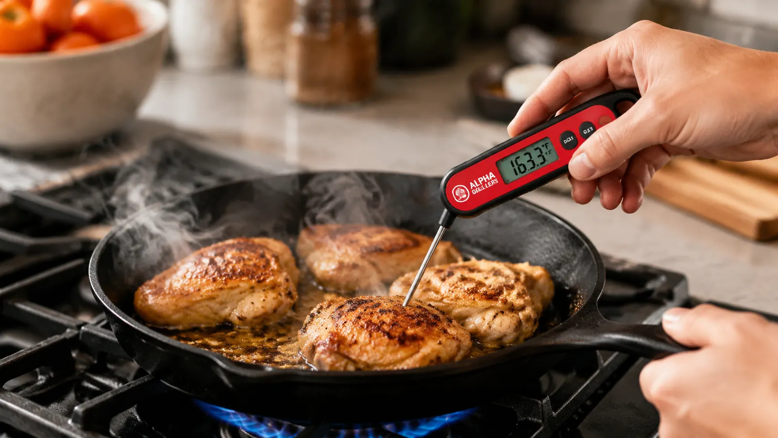Hand holding an Alpha Grillers instant-read thermometer probing a chicken thigh in a cast iron skillet