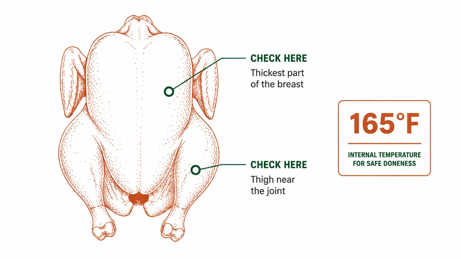 Diagram showing the correct probe insertion points on chicken breast and thigh with 165F callout