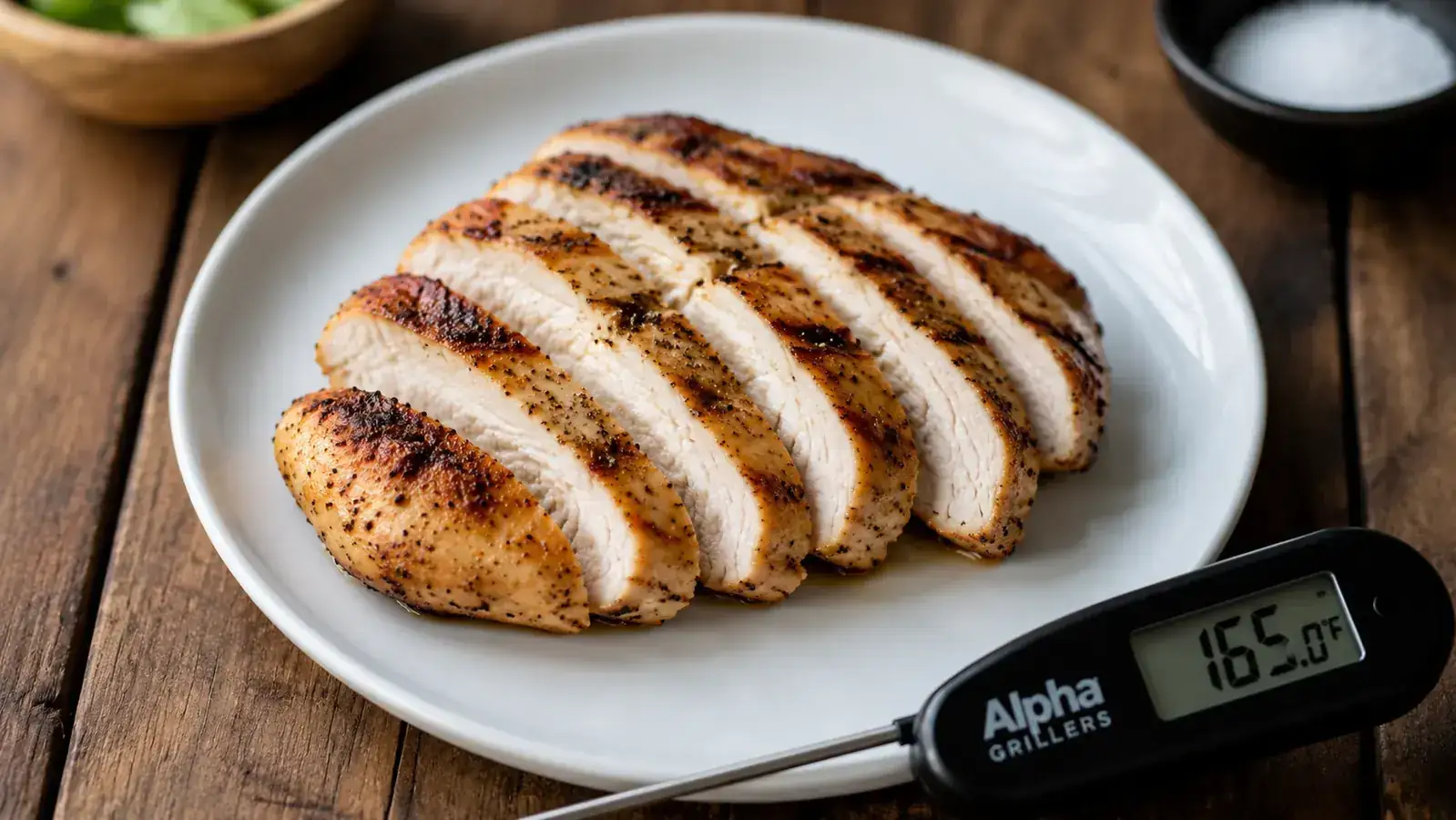 Sliced chicken breast showing juicy moist interior on a white plate next to a thermometer reading 165 degrees