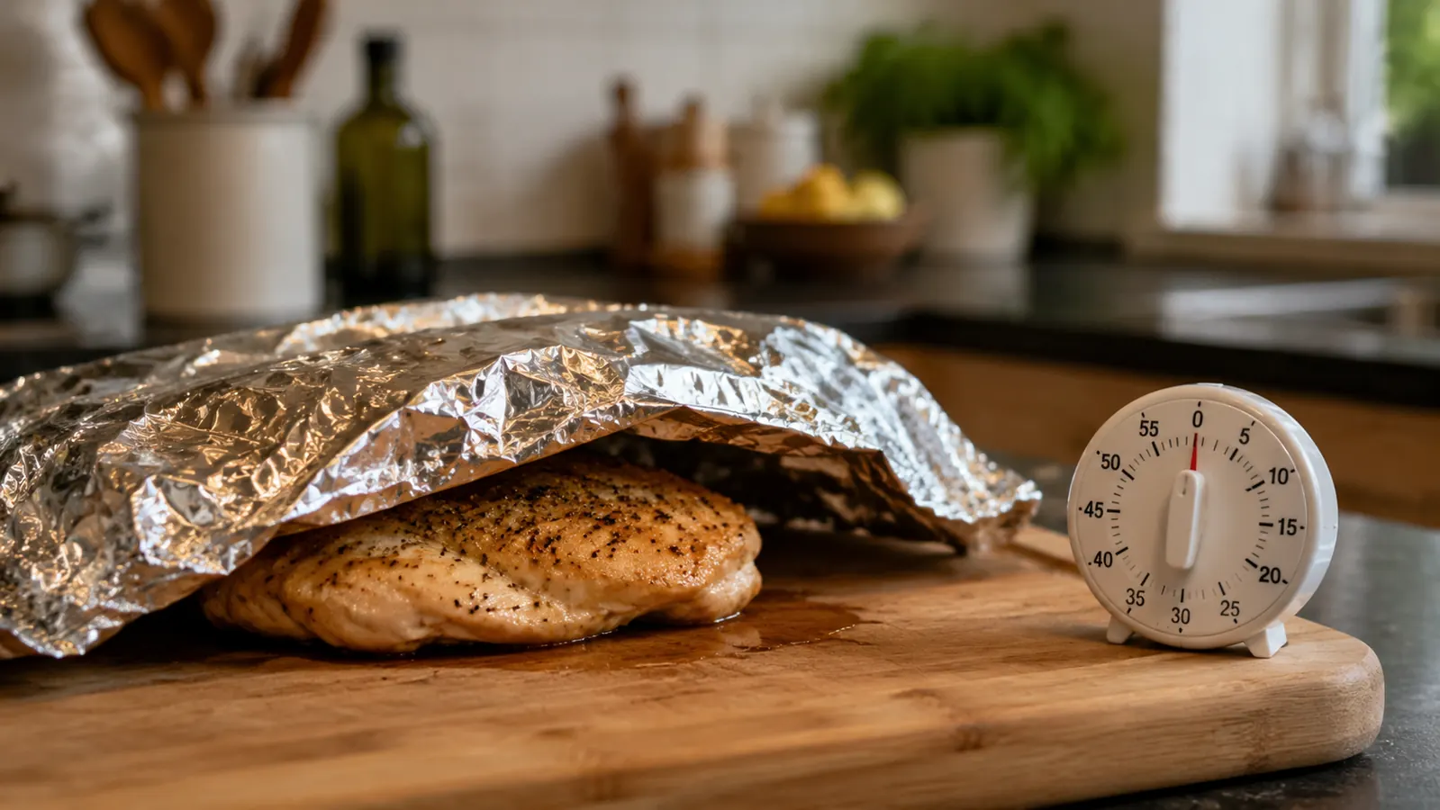 Cooked chicken breast resting under a foil tent on a cutting board with a small kitchen timer beside it