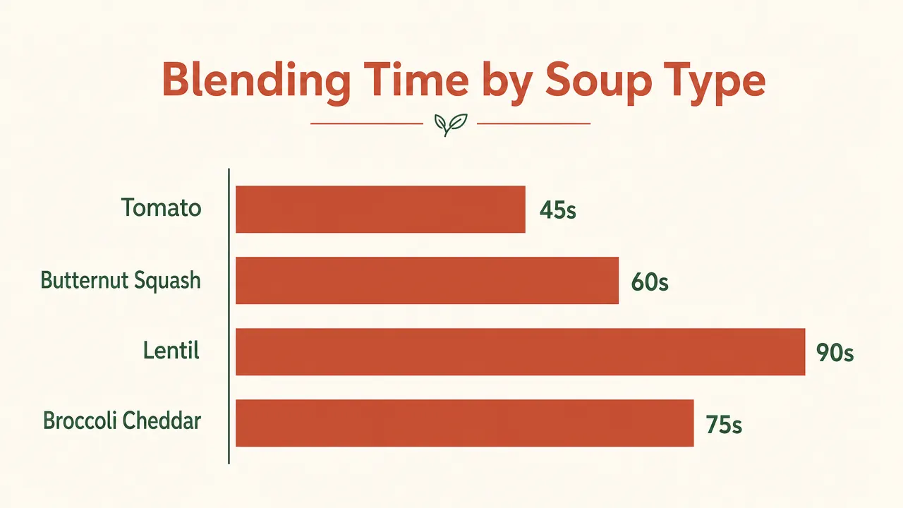 Chart showing blending time versus smoothness level for four soup types: tomato, butternut squash, lentil, and broccoli cheddar