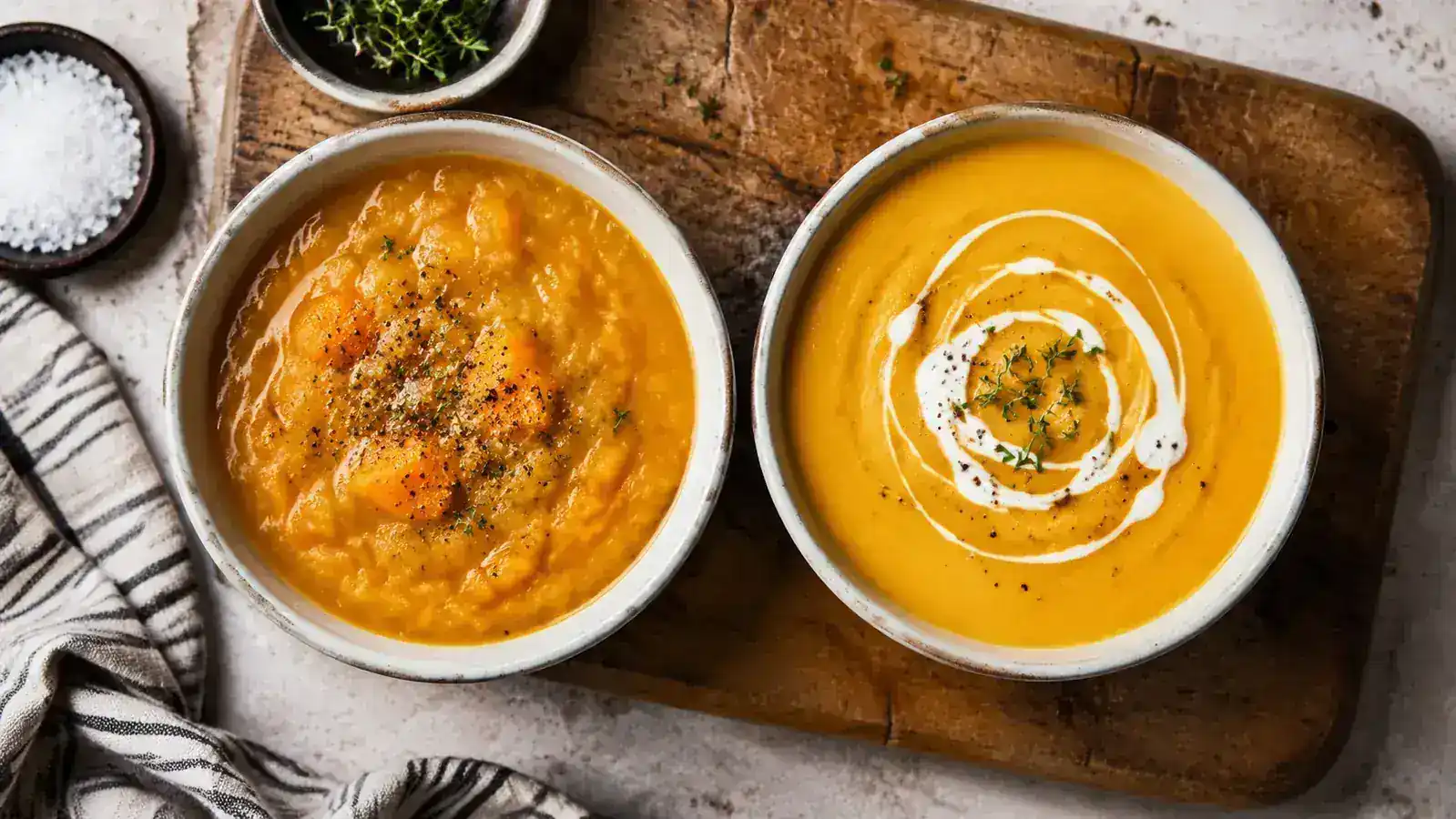 Two bowls of soup side by side, one roughly blended and chunky, one perfectly smooth and velvety, showing the difference technique makes