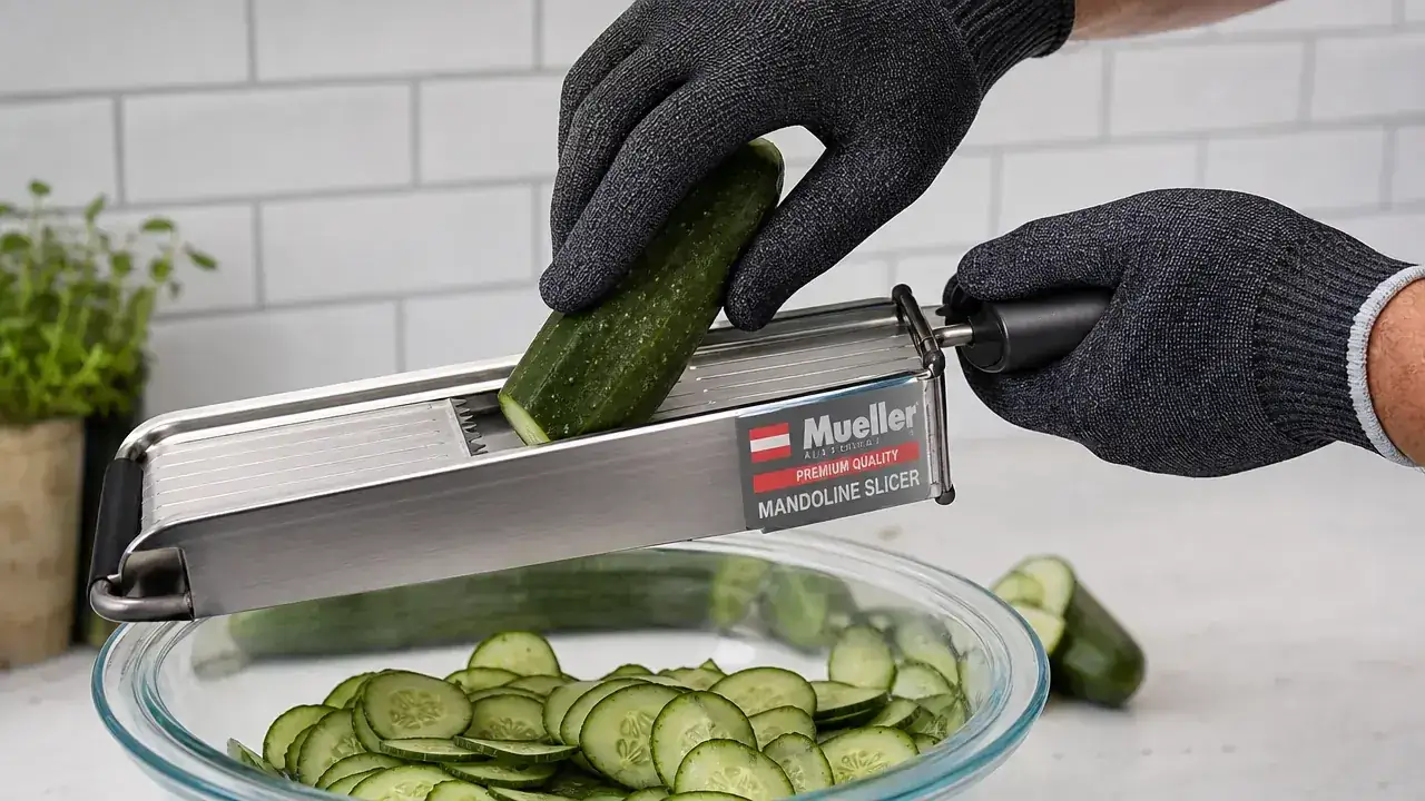 Hands wearing a cut-resistant glove holding a cucumber against the blade of a Mueller mandoline slicer over a bowl of thin slices