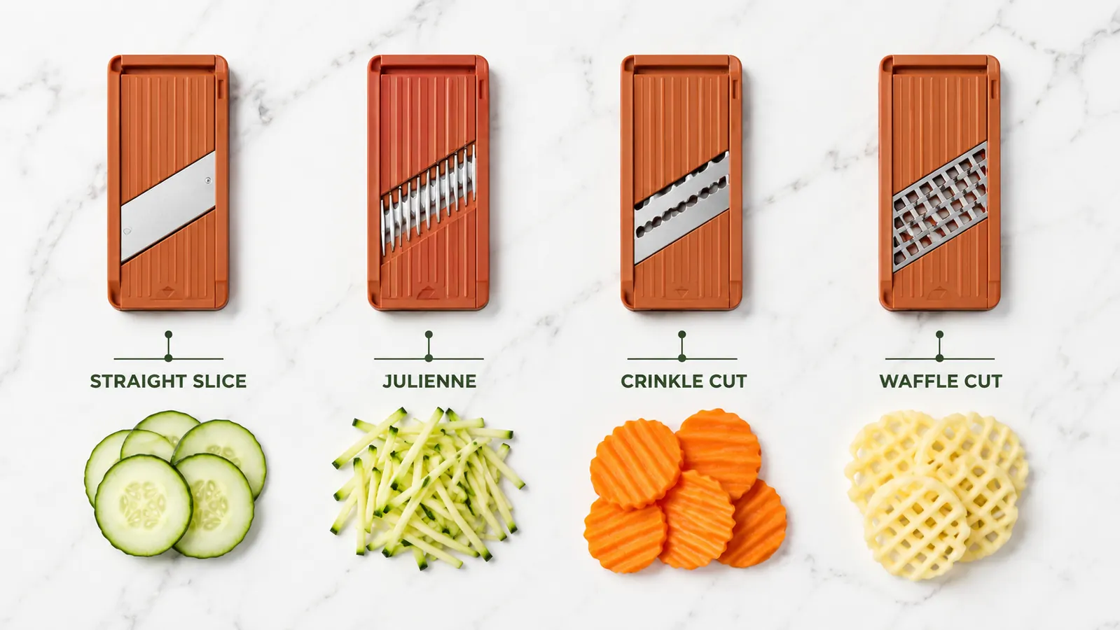Four mandoline blade types laid out on a white surface labeled julienne, crinkle, straight, and waffle with a vegetable sample next to each