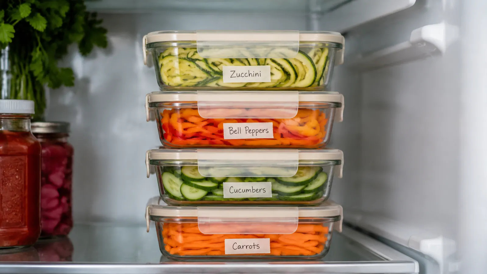 Glass meal-prep containers filled with uniformly sliced vegetables ready for the week, stacked in a refrigerator