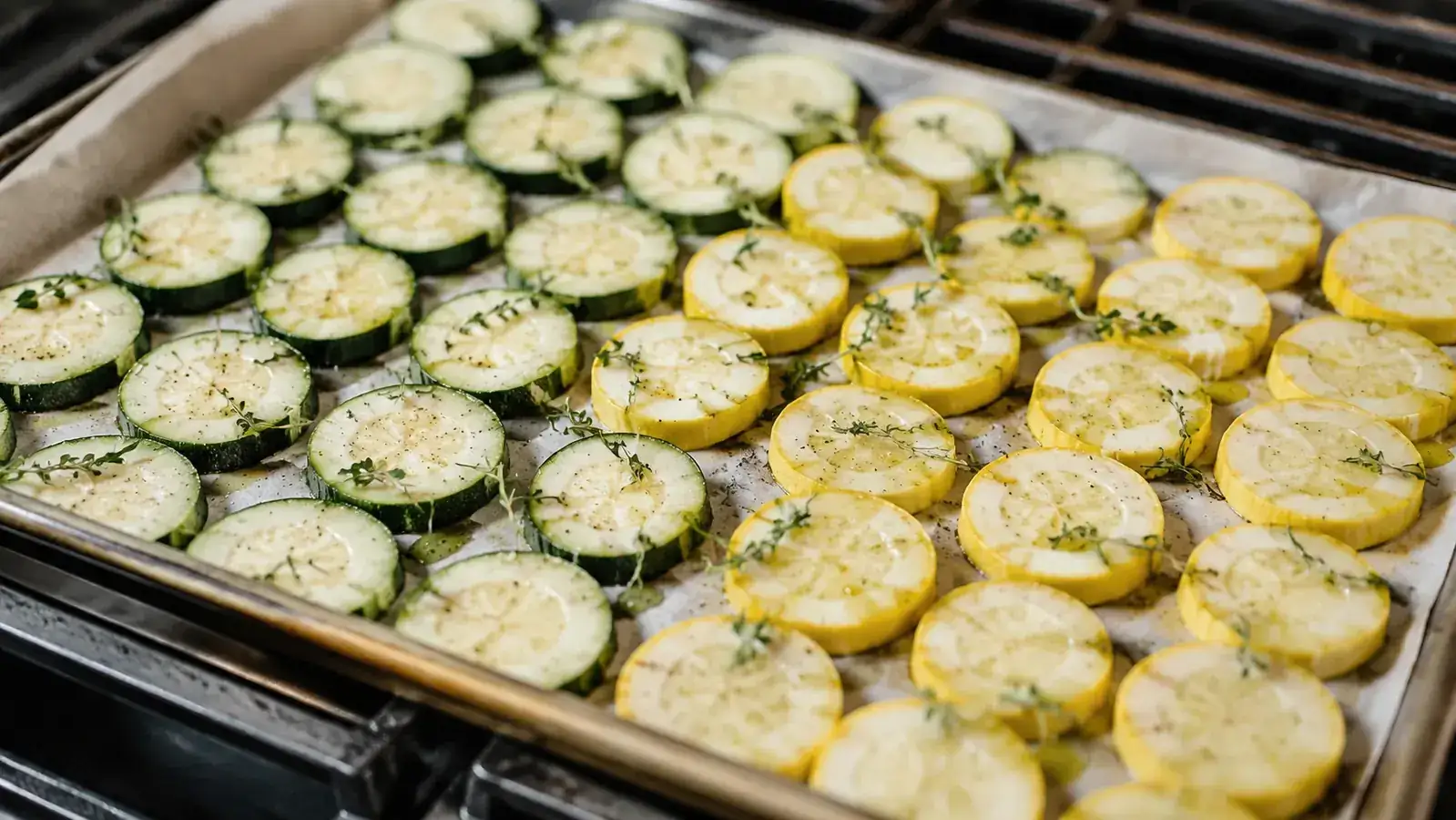 Sheet pan with evenly sliced zucchini and yellow squash laid out in a single layer ready for roasting