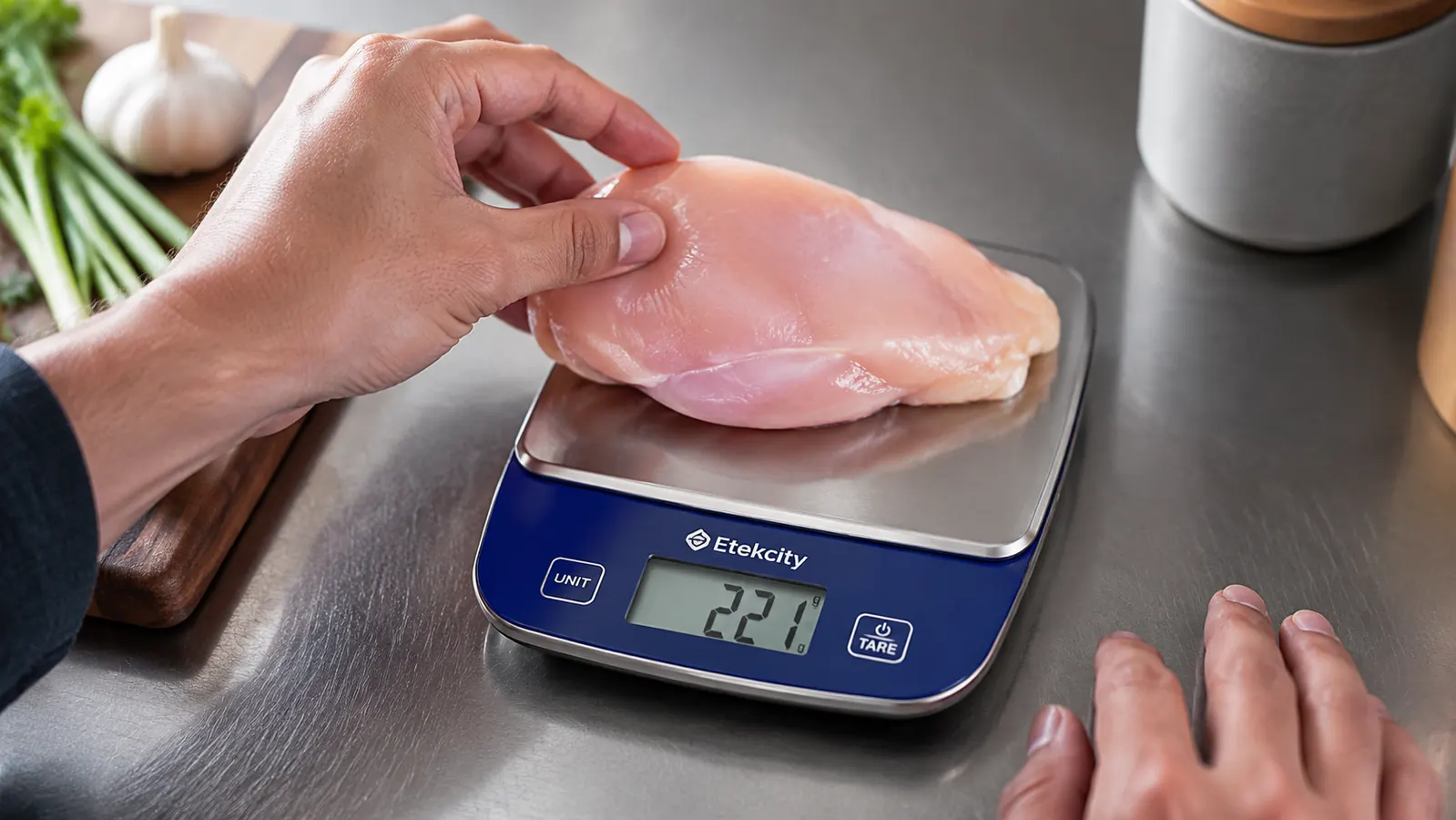 Hand placing a chicken breast onto a tared kitchen scale showing grams on the display