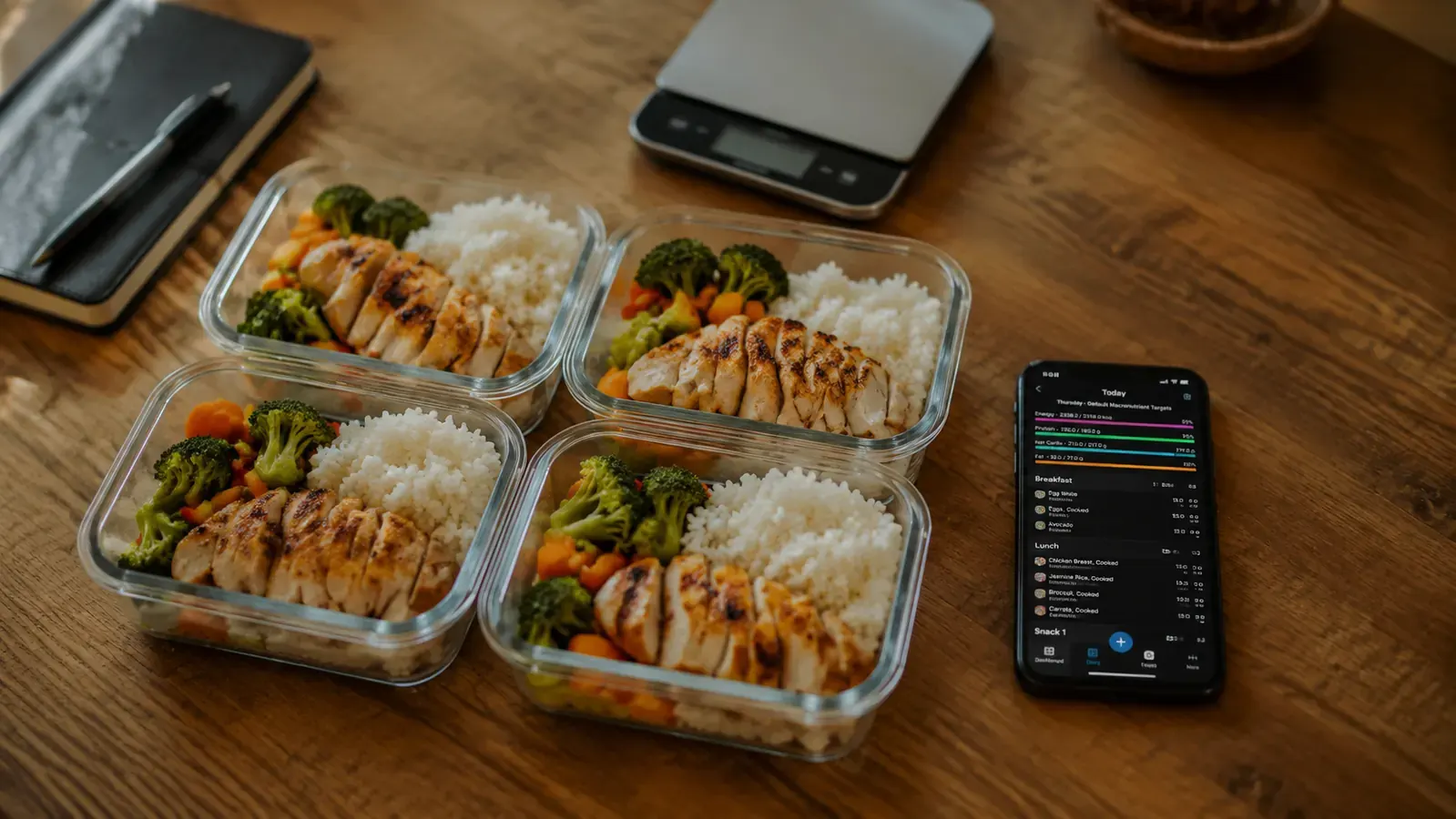 Meal prep containers filled with portioned food next to an open macro tracking app on a phone, kitchen scale nearby