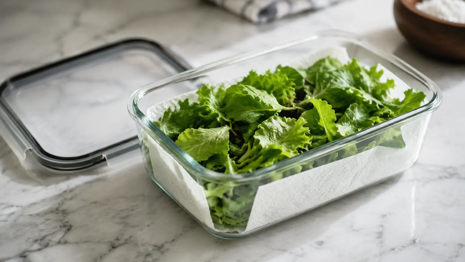 Airtight glass container lined with paper towels holding crisp dried salad greens ready for the fridge