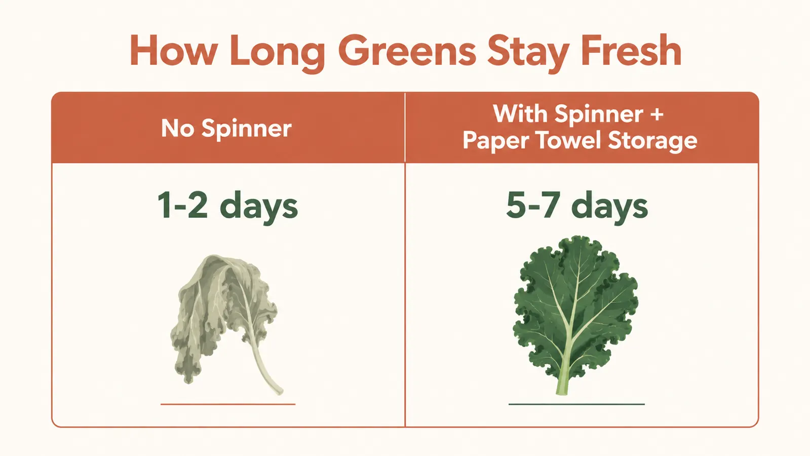Chart showing greens shelf life with spinner versus without, comparing 1-2 days versus 5-7 days
