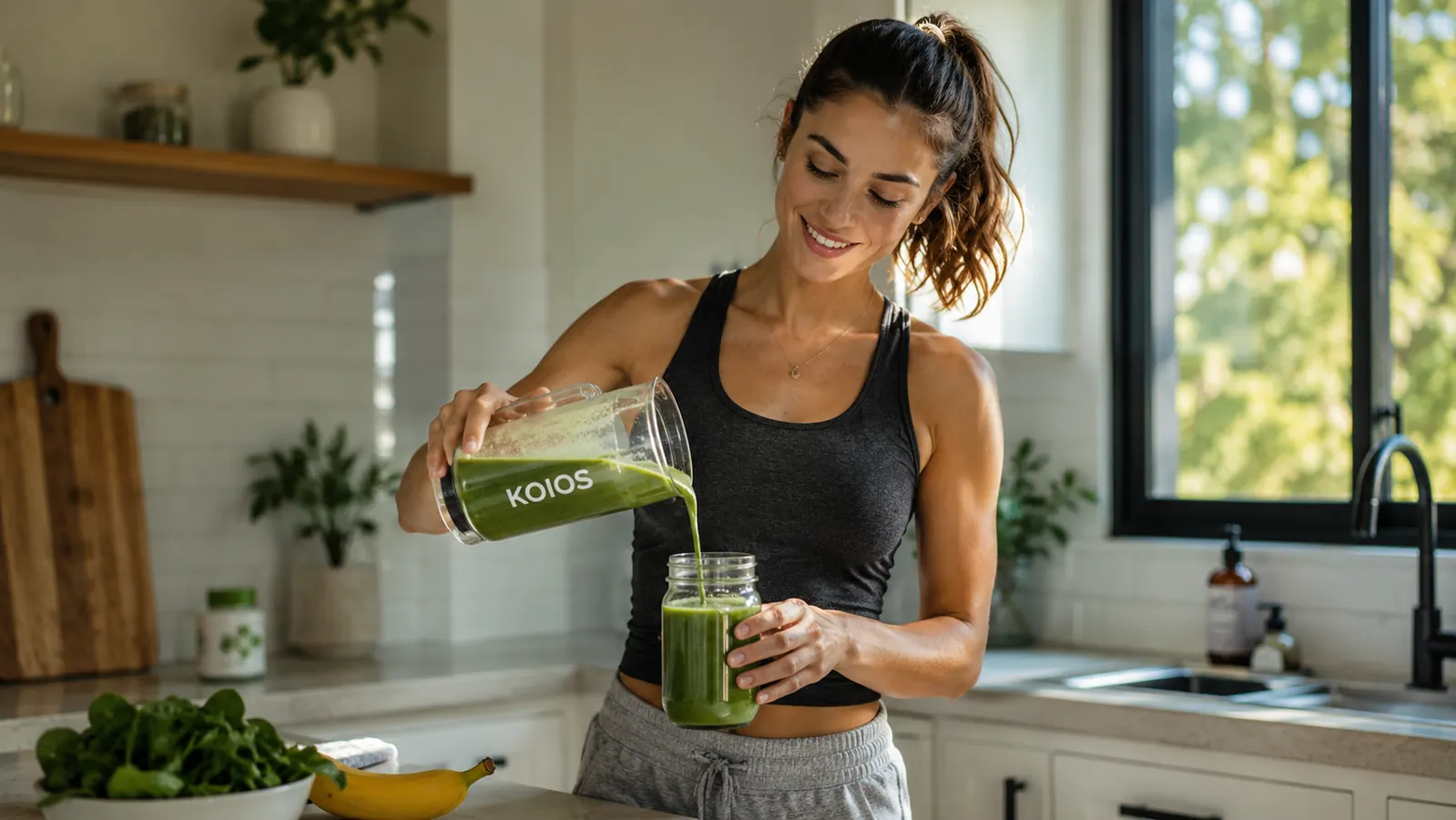 Person pouring a green smoothie made with the KOIOS immersion blender into a glass jar
