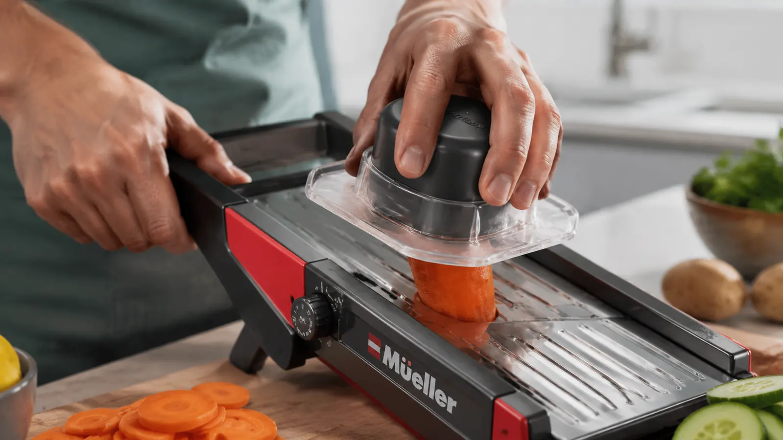 Hand using the Mueller mandoline safety guard to push a carrot over the blade, showing the guard in use position