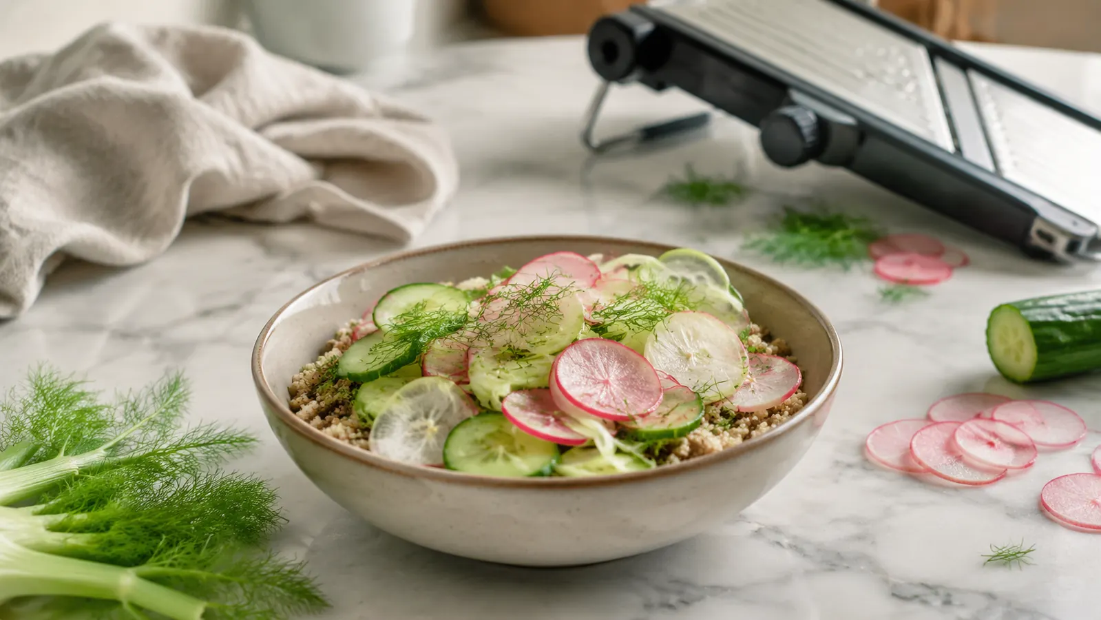 Cutting board with a bowl of sliced vegetables ready for a healthy grain bowl, mandoline visible in the background