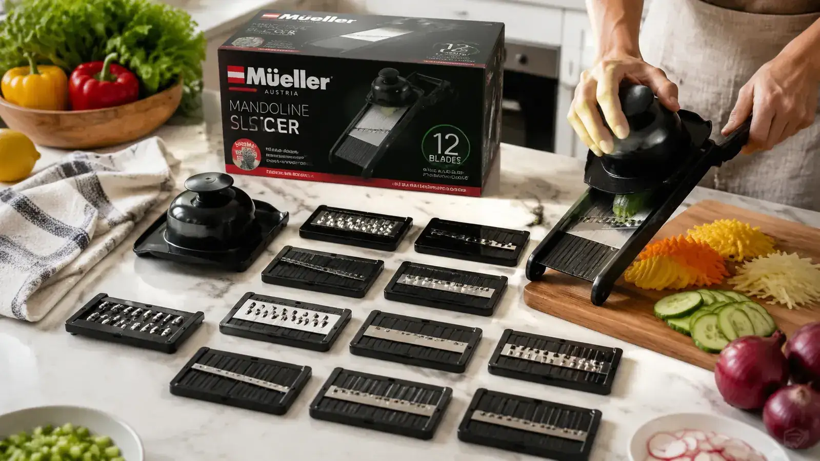Close-up of the Mueller mandoline blade insert and safety guard accessories laid flat on a white surface