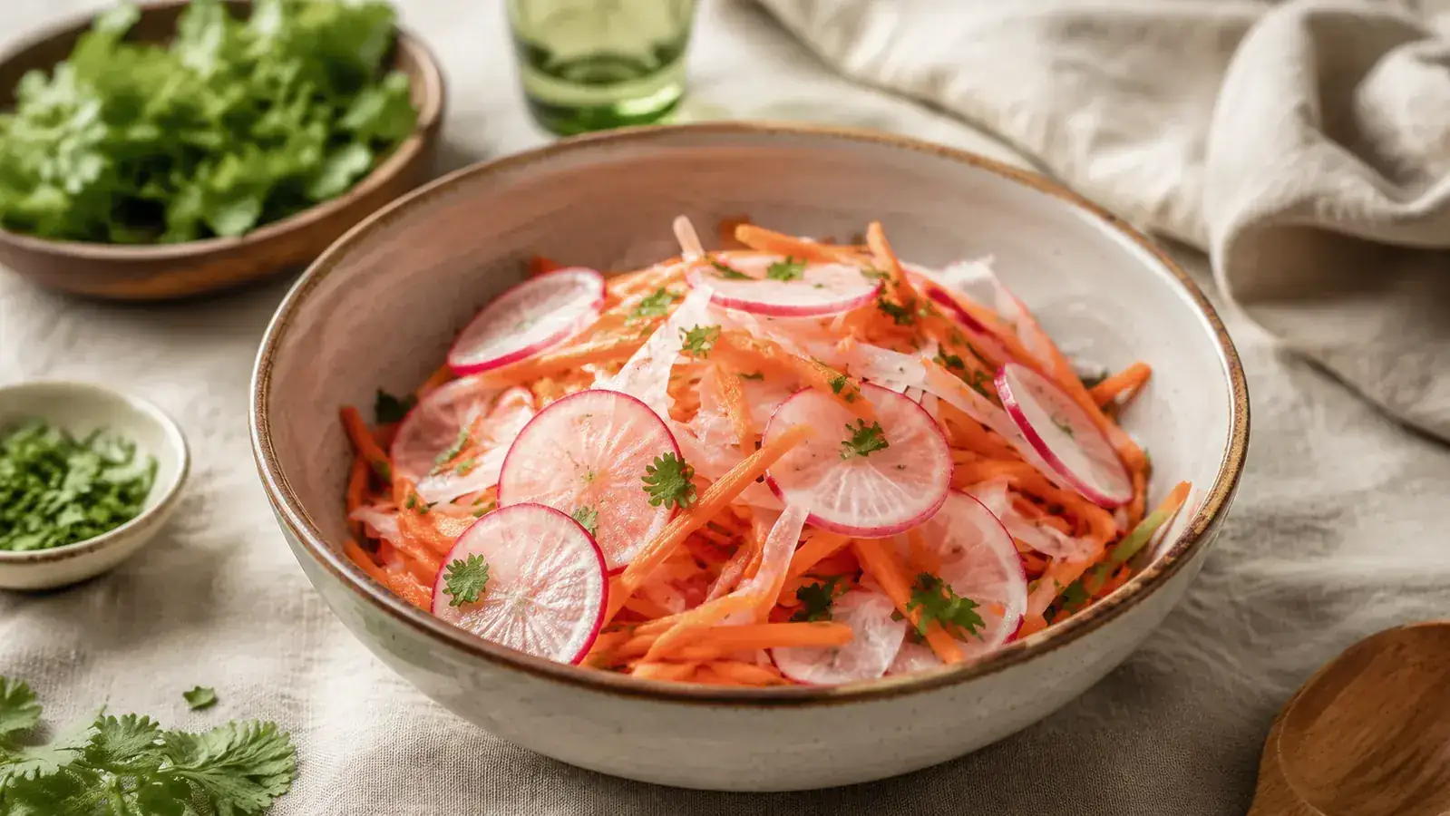 Bowl of thinly sliced radishes and carrots ready for a salad, prepped with the Mueller mandoline
