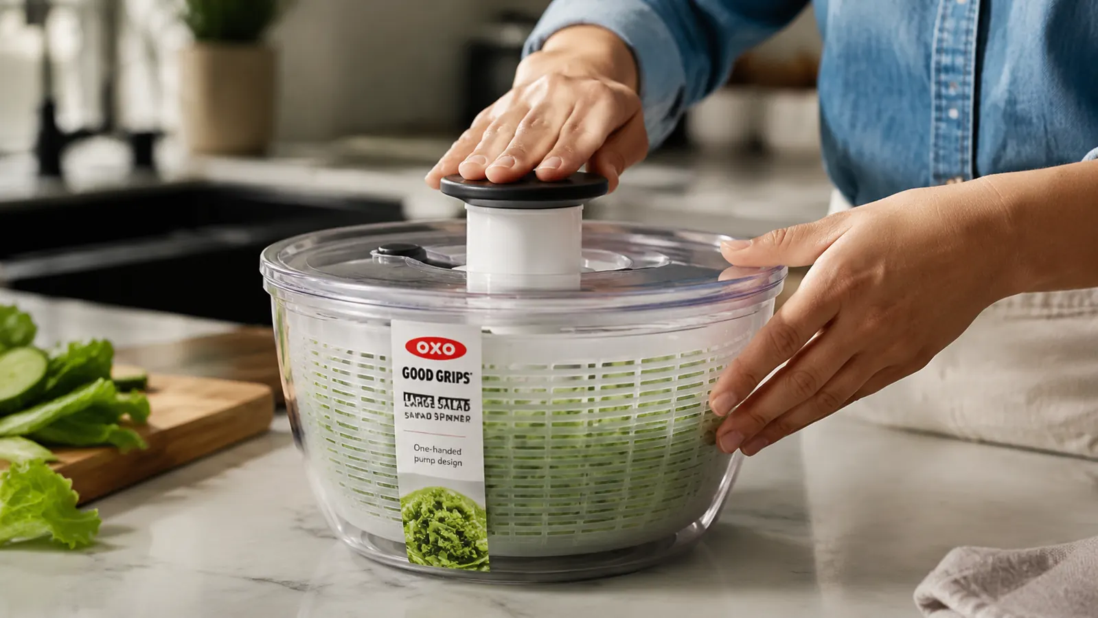 Hand pressing the pump button on the OXO salad spinner lid while greens spin inside the clear bowl